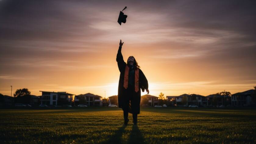 A jubilant graduate in Burnside, Victoria, wearing an academic gown and cap, triumphantly tossing their cap into the golden hour sky, celebrating their Burnside Victoria bespoke graduation photography moment with the iconic Burnside community centre in the soft-focused background, capturing an epic moment of achievement.