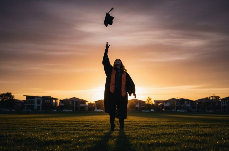A jubilant graduate in Burnside, Victoria, wearing an academic gown and cap, triumphantly tossing their cap into the golden hour sky, celebrating their Burnside Victoria bespoke graduation photography moment with the iconic Burnside community centre in the soft-focused background, capturing an epic moment of achievement.