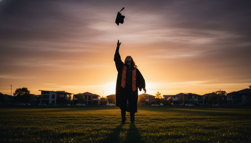 A jubilant graduate in Burnside, Victoria, wearing an academic gown and cap, triumphantly tossing their cap into the golden hour sky, celebrating their Burnside Victoria bespoke graduation photography moment with the iconic Burnside community centre in the soft-focused background, capturing an epic moment of achievement.