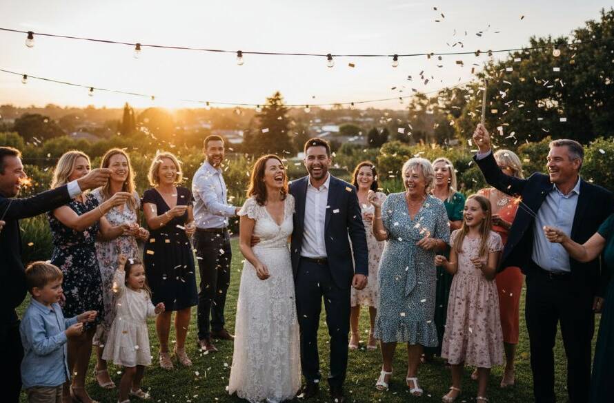 Dynamic, high-energy photograph capturing a group of friends laughing and dancing under twinkling fairy lights at an outdoor party in Burnside, Victoria, celebrating vibrant Burnside Victoria candid party photography memories, with warm, golden hour lighting and bokeh effects, showcasing genuine joy.