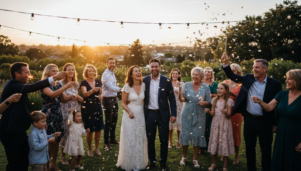 Dynamic, high-energy photograph capturing a group of friends laughing and dancing under twinkling fairy lights at an outdoor party in Burnside, Victoria, celebrating vibrant Burnside Victoria candid party photography memories, with warm, golden hour lighting and bokeh effects, showcasing genuine joy.