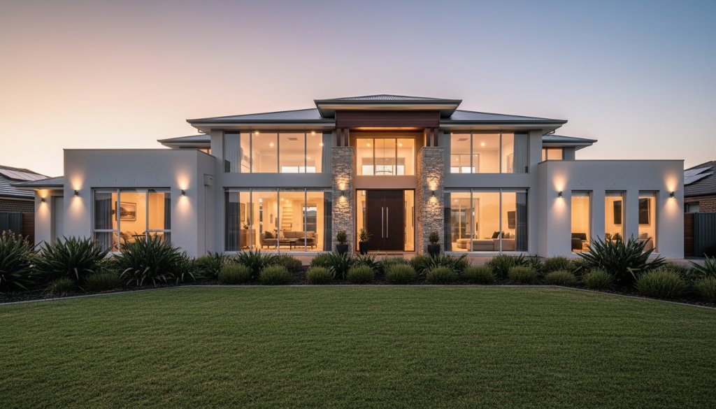 Epic twilight photograph showcasing a luxurious modern home in Burnside, Victoria, expertly lit to highlight its architectural beauty, demonstrating superior Burnside Victoria Real Estate Photography to Sell Faster.