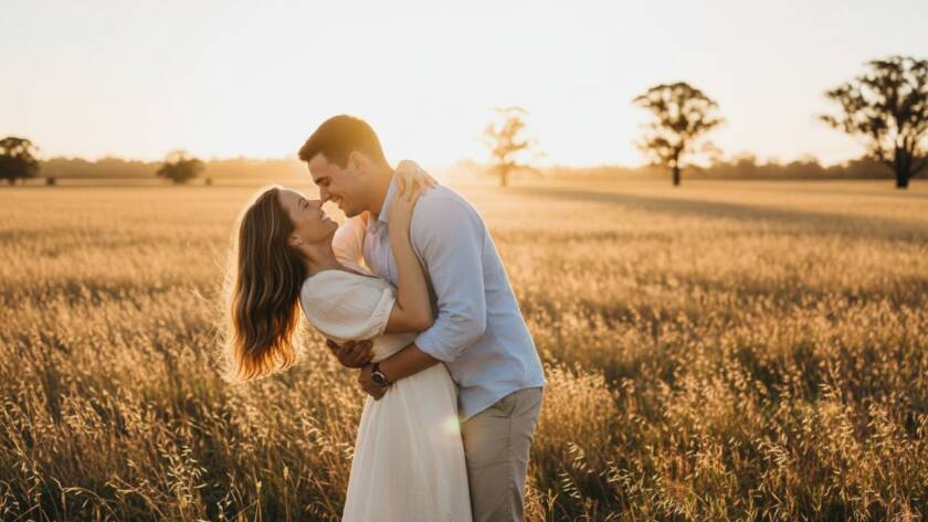 A stunning 'epic moment' style photograph of a couple embracing passionately at sunset in a picturesque Burnside, Victoria landscape, showcasing their romantic pre-wedding photography. Dramatic golden hour lighting, cinematic composition.