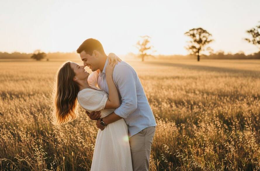 A stunning 'epic moment' style photograph of a couple embracing passionately at sunset in a picturesque Burnside, Victoria landscape, showcasing their romantic pre-wedding photography. Dramatic golden hour lighting, cinematic composition.