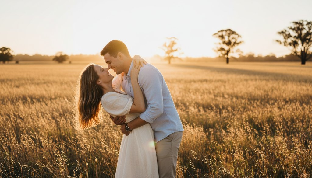 A stunning 'epic moment' style photograph of a couple embracing passionately at sunset in a picturesque Burnside, Victoria landscape, showcasing their romantic pre-wedding photography. Dramatic golden hour lighting, cinematic composition.