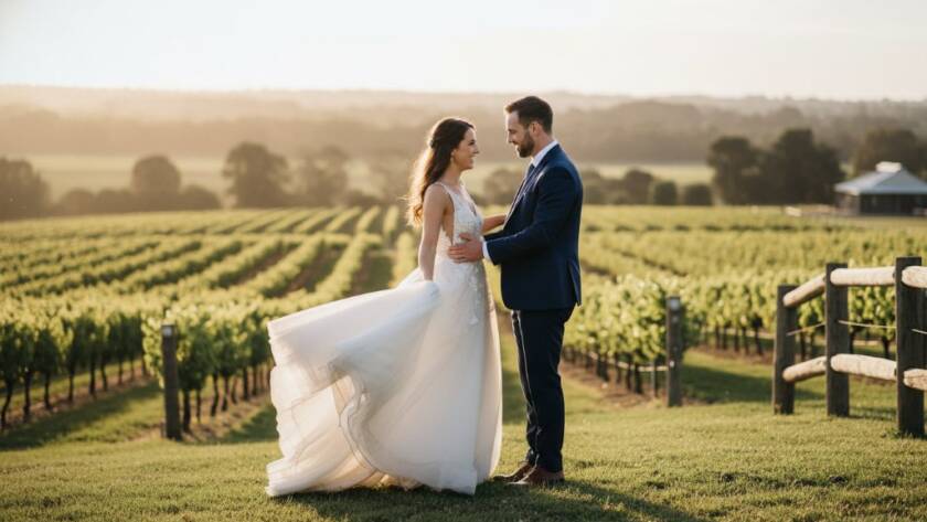 A breathtaking wide shot capturing a newly married couple sharing a genuine, candid moment of laughter amidst the golden hour glow at a historic homestead in Burnside, Victoria, Australia. The focus keyphrase is Burnside Victoria wedding photography candid moments. The groom dips the bride slightly as they embrace, surrounded by lush, softly lit gardens. Professional photography with dramatic backlighting and warm, cinematic colour grading.