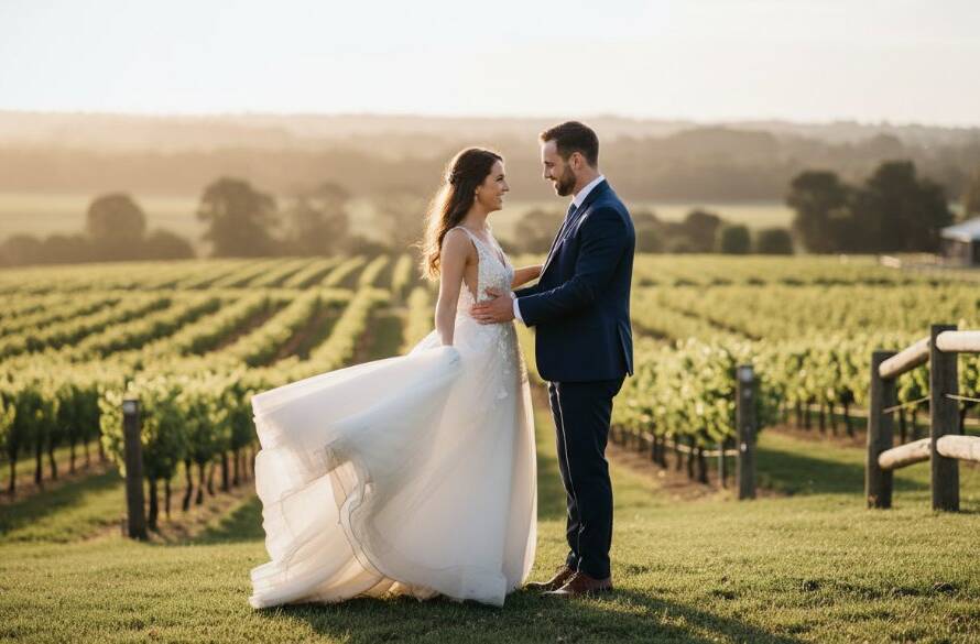 A breathtaking wide shot capturing a newly married couple sharing a genuine, candid moment of laughter amidst the golden hour glow at a historic homestead in Burnside, Victoria, Australia. The focus keyphrase is Burnside Victoria wedding photography candid moments. The groom dips the bride slightly as they embrace, surrounded by lush, softly lit gardens. Professional photography with dramatic backlighting and warm, cinematic colour grading.
