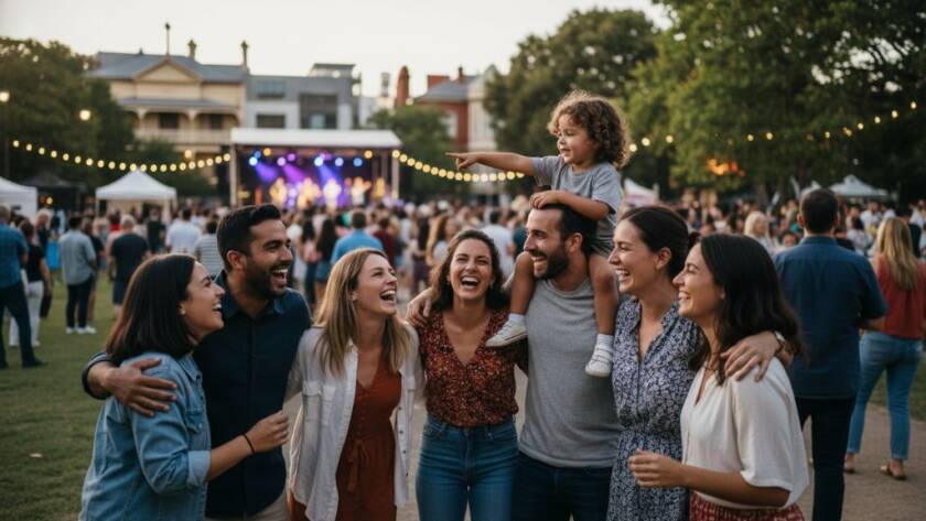 A wide-angle, cinematic photograph of a vibrant local festival in Burwood, Victoria, showcasing the joyful energy of attendees laughing and dancing under string lights, expertly captured by Burwood community event photography services Victoria, highlighting an epic moment of connection.