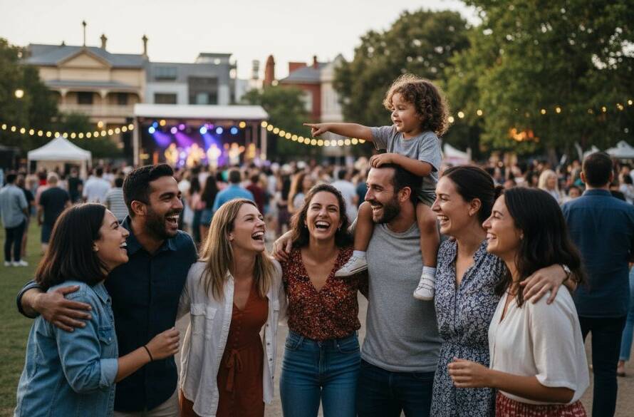 A wide-angle, cinematic photograph of a vibrant local festival in Burwood, Victoria, showcasing the joyful energy of attendees laughing and dancing under string lights, expertly captured by Burwood community event photography services Victoria, highlighting an epic moment of connection.