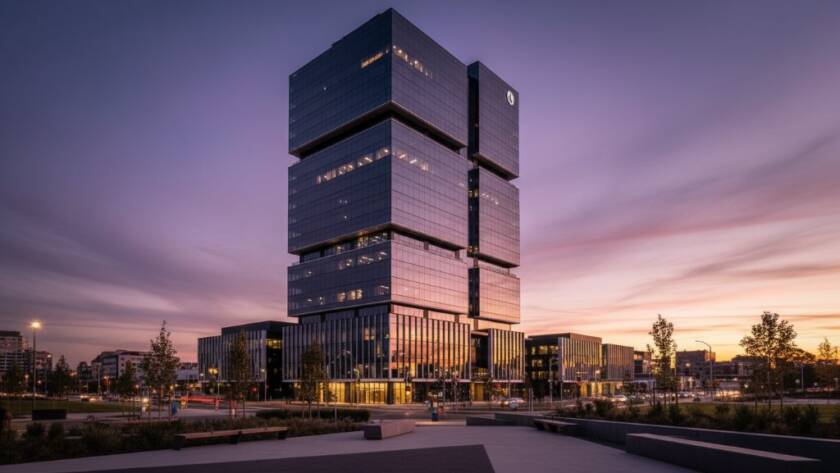 An epic, dramatically lit shot of a sleek, contemporary commercial building in Burwood, Victoria at dusk, showcasing its innovative glass and steel facade with dynamic reflections and a professional 'Burwood Contemporary Building Photography Melbourne Expert' aesthetic.