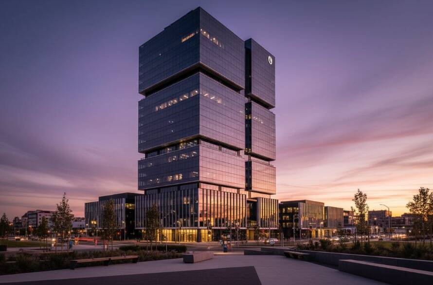 An epic, dramatically lit shot of a sleek, contemporary commercial building in Burwood, Victoria at dusk, showcasing its innovative glass and steel facade with dynamic reflections and a professional 'Burwood Contemporary Building Photography Melbourne Expert' aesthetic.