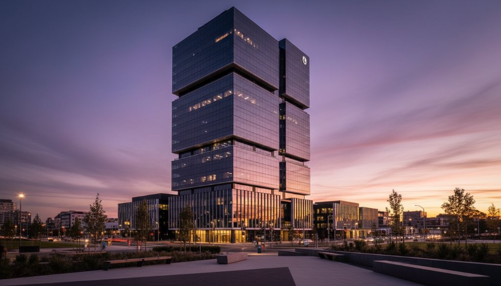 An epic, dramatically lit shot of a sleek, contemporary commercial building in Burwood, Victoria at dusk, showcasing its innovative glass and steel facade with dynamic reflections and a professional 'Burwood Contemporary Building Photography Melbourne Expert' aesthetic.