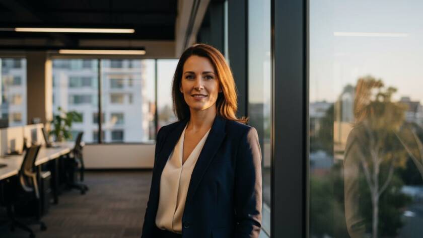 A compelling, dramatically lit professional portrait of a confident business leader, captured in a modern Burwood office space, epitomizing Burwood Corporate Photography Elevating Local Business with an 'epic moment' feel.