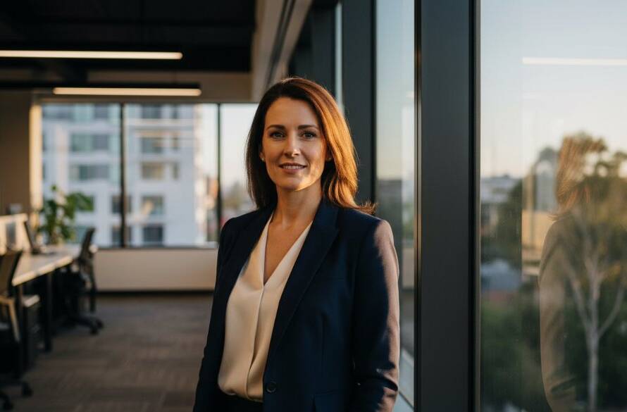 A compelling, dramatically lit professional portrait of a confident business leader, captured in a modern Burwood office space, epitomizing Burwood Corporate Photography Elevating Local Business with an 'epic moment' feel.