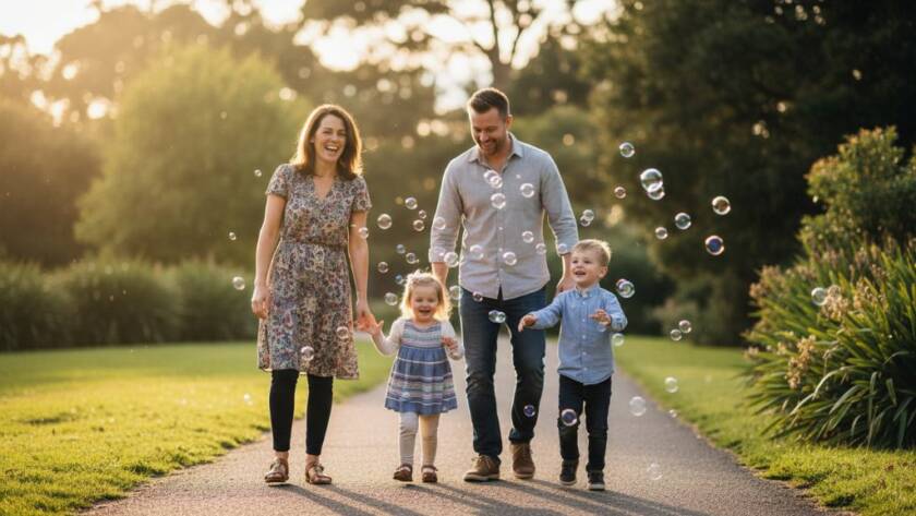 A heartwarming Burwood East candid photography capturing authentic moments: A family laughing spontaneously at Gardiners Creek Reserve during golden hour, with soft, professional lighting and a cinematic feel.