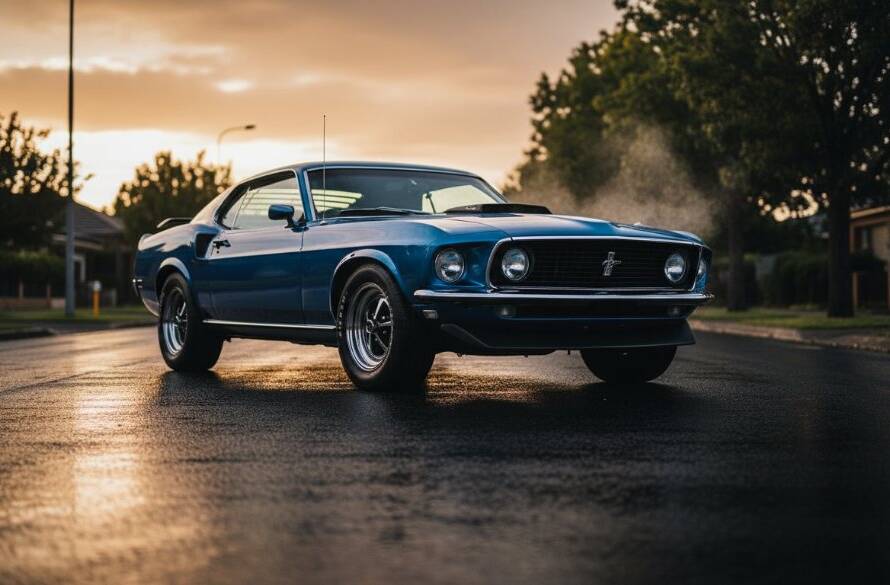 Burwood East Classic Car Photography Storytelling: A vintage ruby red Ford Mustang fastback from the 1960s, parked dramatically under the soft glow of a streetlamp at dusk near the Burwood One Shopping Centre, with rain-slicked asphalt reflecting its iconic lines, creating an epic moment of automotive elegance.