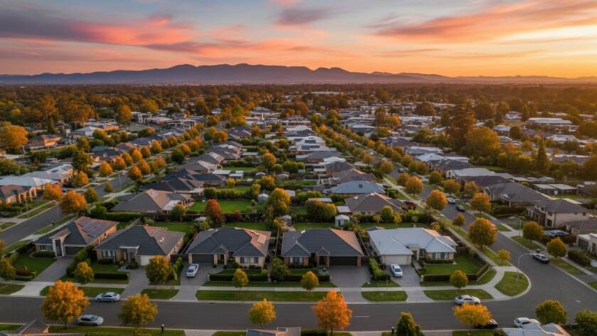 A stunning aerial panoramic shot showcasing Burwood East drone aerial photography breathtaking residential views, capturing the vibrant green spaces and well-maintained homes at sunset, with golden light reflecting off rooftops and a distant view of the city skyline.