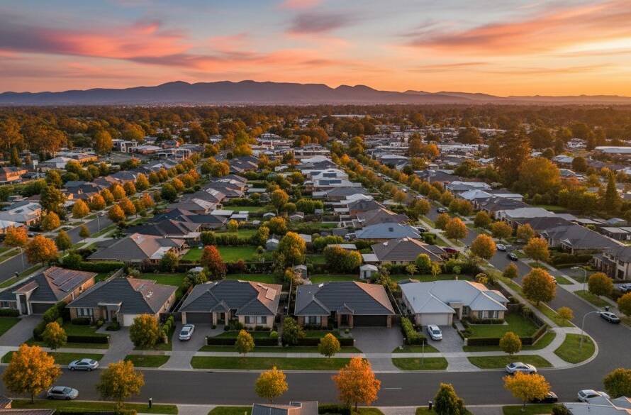 A stunning aerial panoramic shot showcasing Burwood East drone aerial photography breathtaking residential views, capturing the vibrant green spaces and well-maintained homes at sunset, with golden light reflecting off rooftops and a distant view of the city skyline.