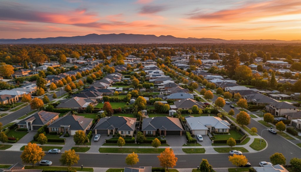 A stunning aerial panoramic shot showcasing Burwood East drone aerial photography breathtaking residential views, capturing the vibrant green spaces and well-maintained homes at sunset, with golden light reflecting off rooftops and a distant view of the city skyline.