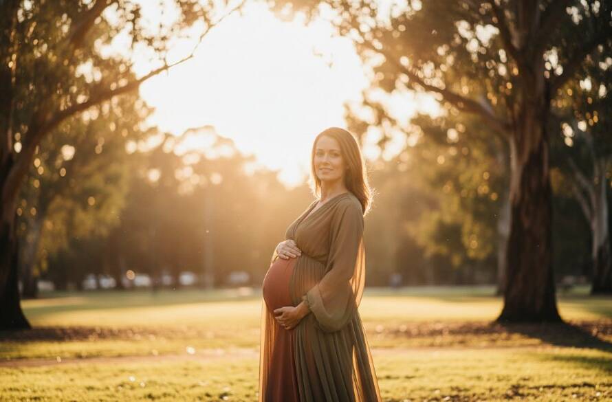 A breathtaking epic moment captured during a Burwood East maternity photography enchanting outdoor session, featuring a radiant pregnant woman in a flowing gown at sunset in a serene Burwood East park, with dramatic golden hour lighting, showcasing the beauty of motherhood.