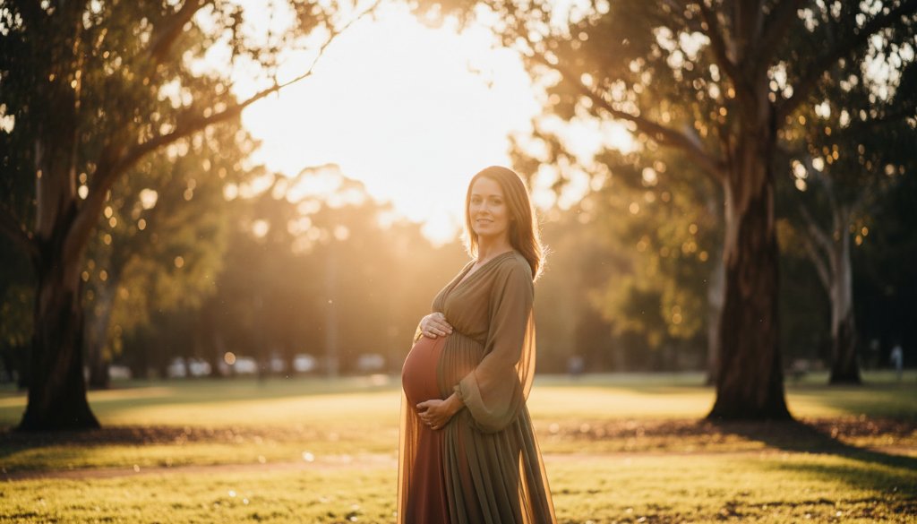 A breathtaking epic moment captured during a Burwood East maternity photography enchanting outdoor session, featuring a radiant pregnant woman in a flowing gown at sunset in a serene Burwood East park, with dramatic golden hour lighting, showcasing the beauty of motherhood.