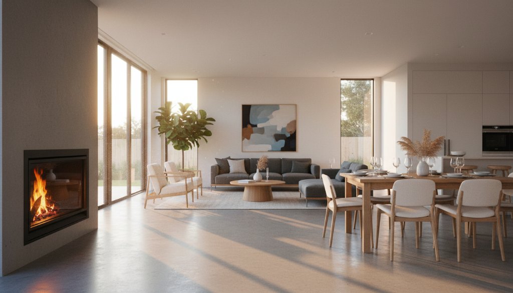 A dramatic, wide-angle, 'epic moment' photograph of a modern, beautifully staged living room in a Burwood East property, bathed in golden hour sunlight streaming through large windows, showcasing luxurious textures and spaciousness, captured by Burwood East premium real estate photography expert. The composition highlights a cosy fireplace and tasteful decor.