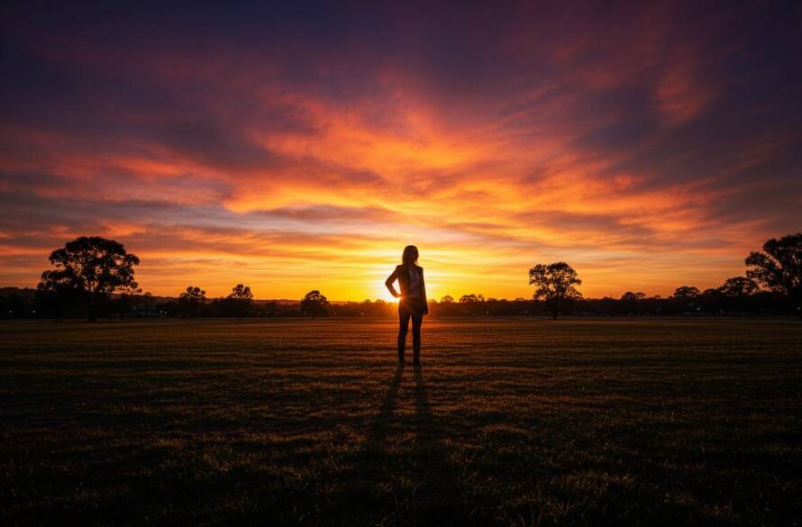 A breathtaking and emotionally resonant fine art portrait captured in Burwood East, showcasing a person silhouetted against a dramatic sunset sky over a local park, embodying the essence of Burwood East soul capturing fine art photography.