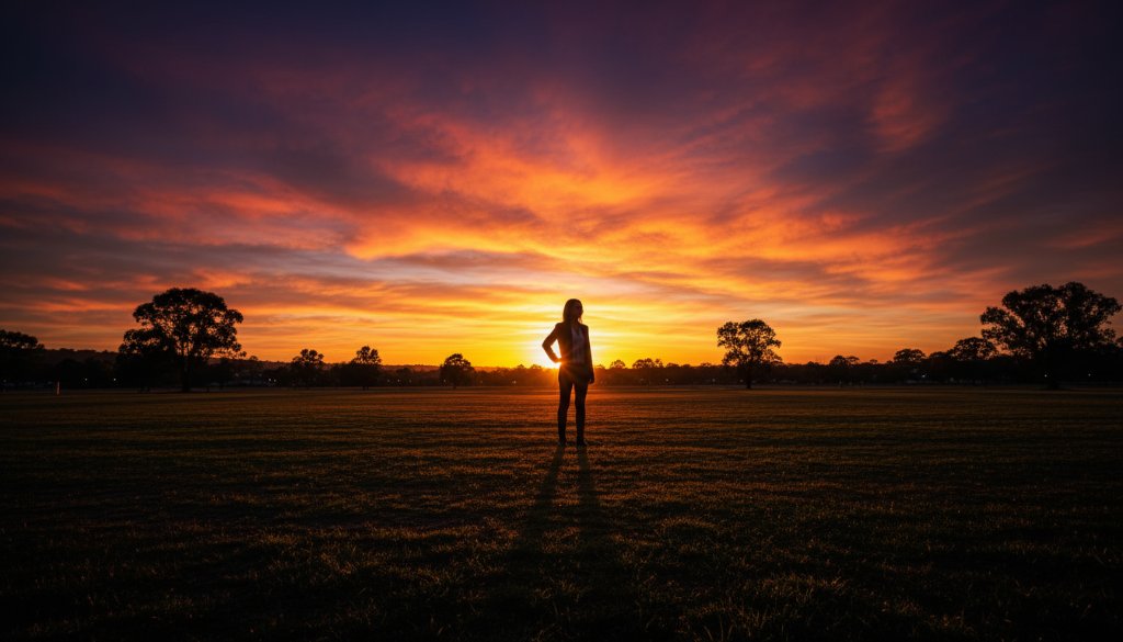 A breathtaking and emotionally resonant fine art portrait captured in Burwood East, showcasing a person silhouetted against a dramatic sunset sky over a local park, embodying the essence of Burwood East soul capturing fine art photography.