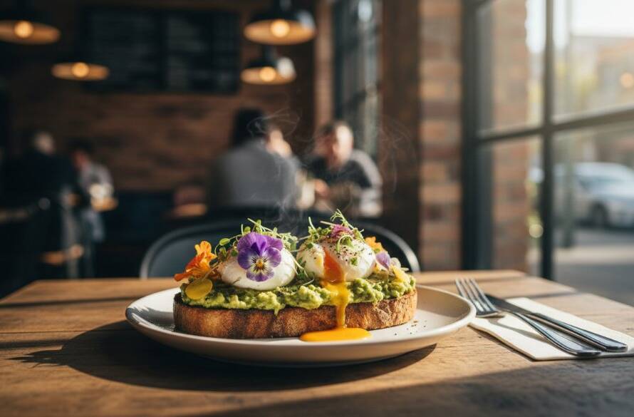 An epic moment of a perfectly plated, vibrantly coloured dish, possibly a gourmet burger or artisanal pasta, captured with stunning professional lighting on a rustic wooden table in a Burwood East cafe, highlighting the meticulous details and rich textures, embodying Burwood East vibrant food photography Melbourne.