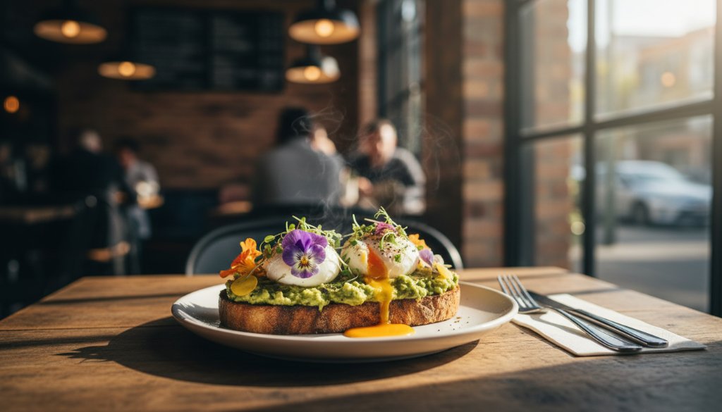 An epic moment of a perfectly plated, vibrantly coloured dish, possibly a gourmet burger or artisanal pasta, captured with stunning professional lighting on a rustic wooden table in a Burwood East cafe, highlighting the meticulous details and rich textures, embodying Burwood East vibrant food photography Melbourne.
