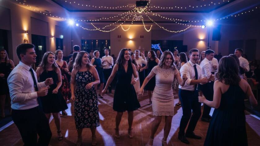 A wide shot capturing an exhilarating dance floor moment at a beautifully lit party in Burwood East, showing guests laughing and dancing under dynamic spotlights, expertly lit for professional Burwood East vibrant party photography.