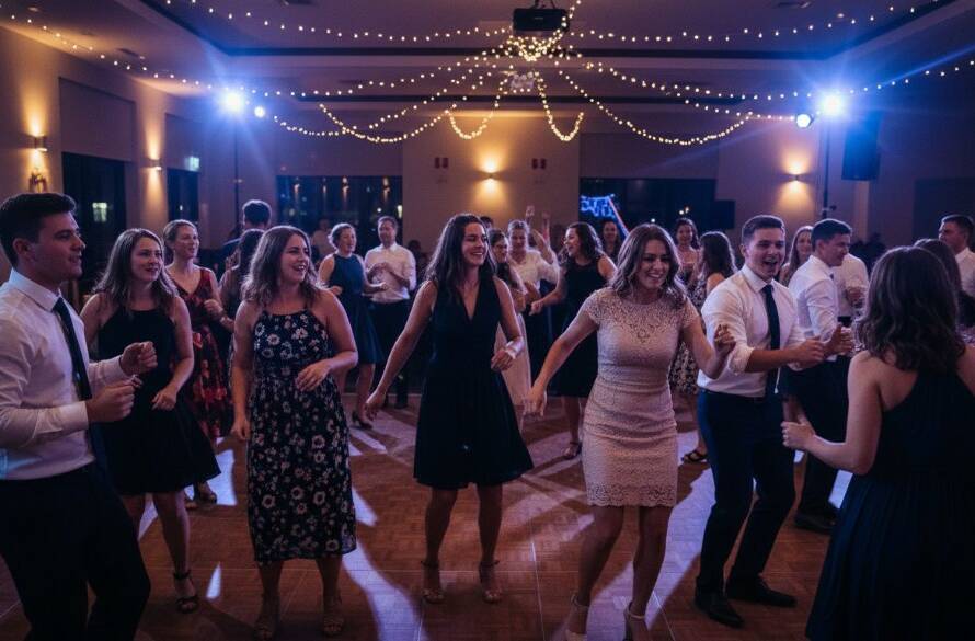 A wide shot capturing an exhilarating dance floor moment at a beautifully lit party in Burwood East, showing guests laughing and dancing under dynamic spotlights, expertly lit for professional Burwood East vibrant party photography.