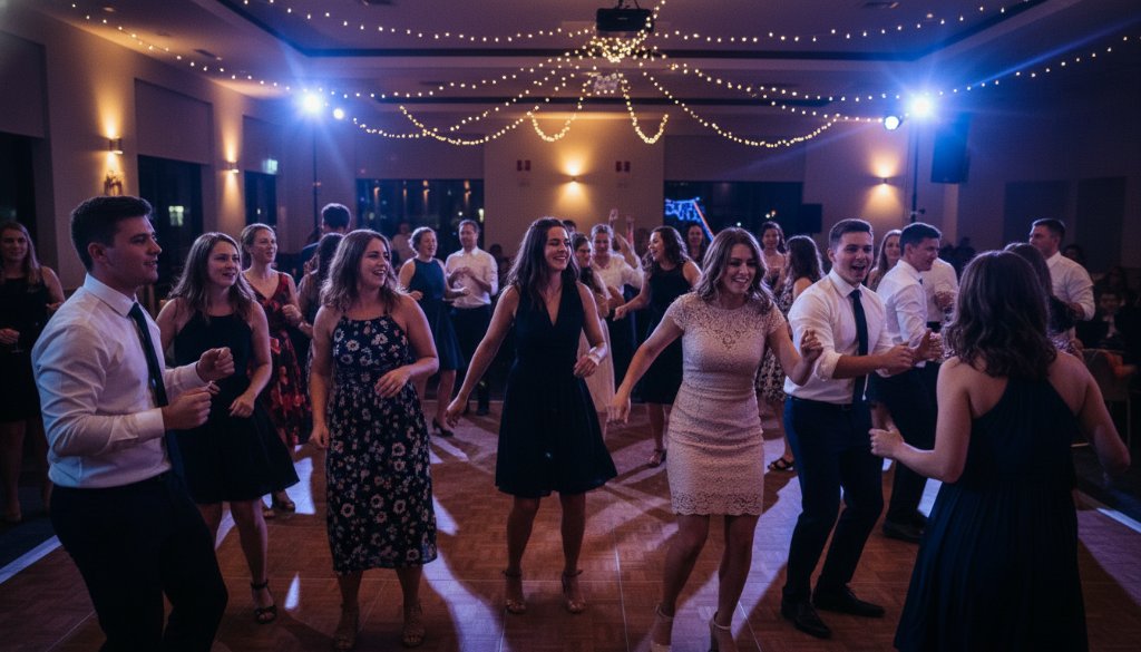 A wide shot capturing an exhilarating dance floor moment at a beautifully lit party in Burwood East, showing guests laughing and dancing under dynamic spotlights, expertly lit for professional Burwood East vibrant party photography.