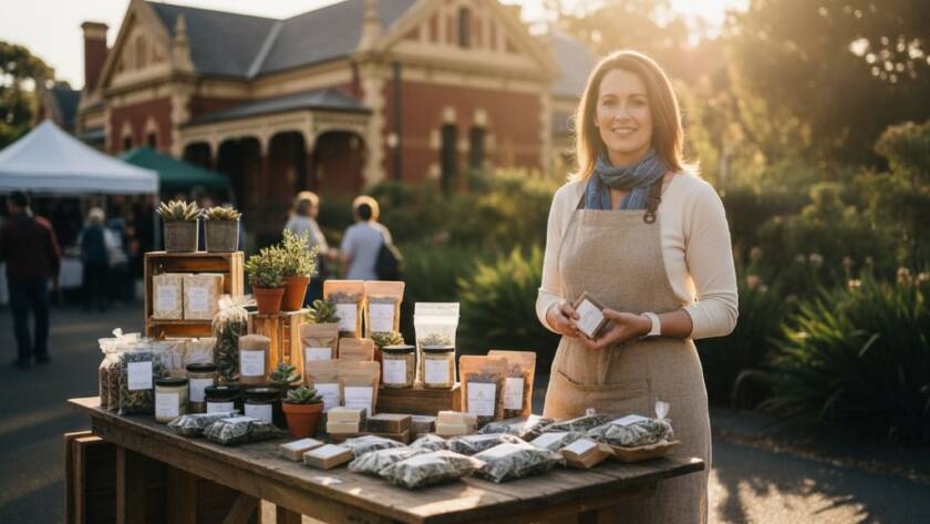Dynamic, colour-graded epic moment photograph of a small business owner in Burwood East, Victoria, confidently showcasing their craft at a market stall, capturing the essence of Burwood East VIC Branding Photography for Small Businesses, with dramatic natural light highlighting their professional presence.