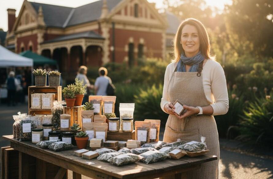 Dynamic, colour-graded epic moment photograph of a small business owner in Burwood East, Victoria, confidently showcasing their craft at a market stall, capturing the essence of Burwood East VIC Branding Photography for Small Businesses, with dramatic natural light highlighting their professional presence.