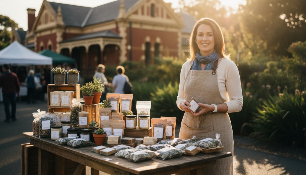 Dynamic, colour-graded epic moment photograph of a small business owner in Burwood East, Victoria, confidently showcasing their craft at a market stall, capturing the essence of Burwood East VIC Branding Photography for Small Businesses, with dramatic natural light highlighting their professional presence.
