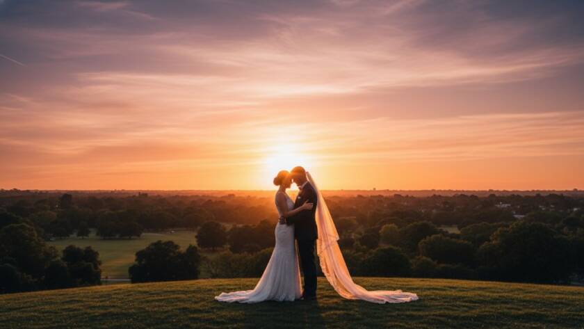 An epic moment captured in Burwood East Wedding Photography Timeless Moments, featuring a newlywed couple embracing under a dramatic sunset sky, showcasing their joy and the beautiful Victorian landscape.