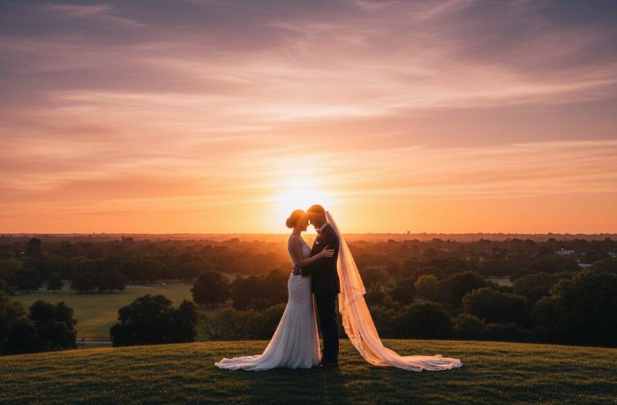 An epic moment captured in Burwood East Wedding Photography Timeless Moments, featuring a newlywed couple embracing under a dramatic sunset sky, showcasing their joy and the beautiful Victorian landscape.