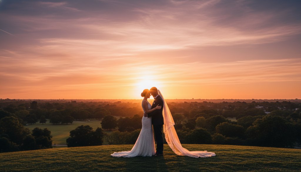 An epic moment captured in Burwood East Wedding Photography Timeless Moments, featuring a newlywed couple embracing under a dramatic sunset sky, showcasing their joy and the beautiful Victorian landscape.