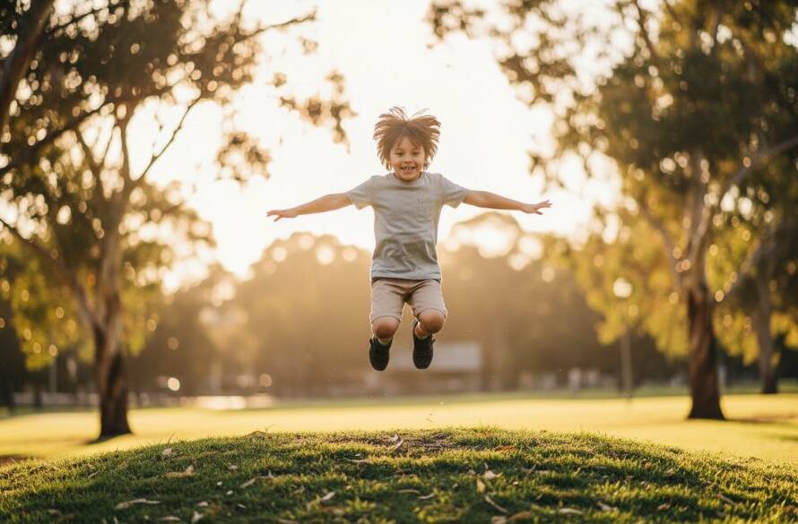 A vibrant, emotionally resonant photograph showing a Burwood family photographer capturing kids candid shots, specifically a child laughing joyfully amidst the dappled sunlight of a park in Burwood, Victoria, Australia. The child is mid-action, perhaps jumping or playing, with motion blur in the background, making it an epic, dynamic moment with professional colour grading and dramatic lighting.
