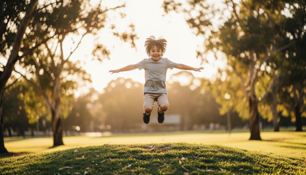 A vibrant, emotionally resonant photograph showing a Burwood family photographer capturing kids candid shots, specifically a child laughing joyfully amidst the dappled sunlight of a park in Burwood, Victoria, Australia. The child is mid-action, perhaps jumping or playing, with motion blur in the background, making it an epic, dynamic moment with professional colour grading and dramatic lighting.
