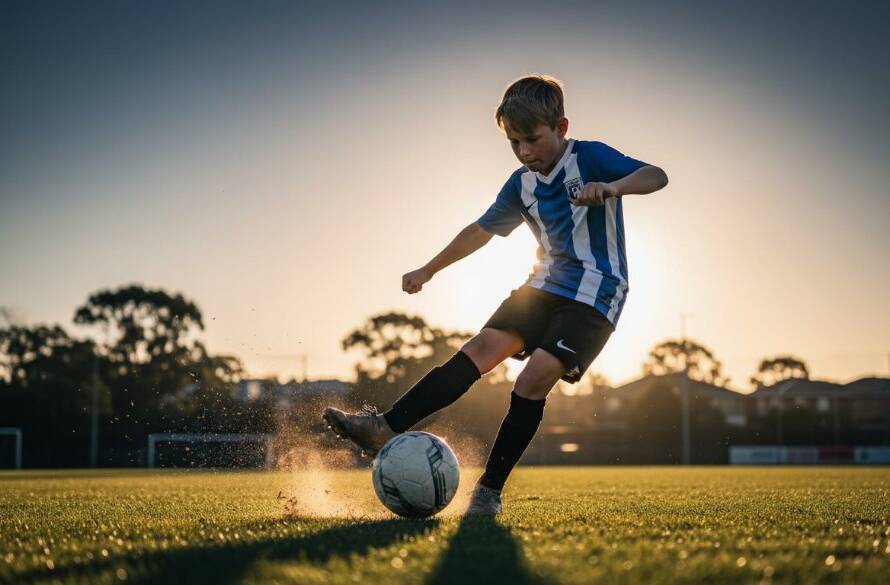 Dynamic action shot of a young athlete scoring a goal on a sunny Burwood sports field, perfectly illustrating professional Burwood junior sports photography action shots, with dramatic backlighting and focused intensity.