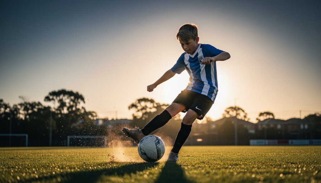 Dynamic action shot of a young athlete scoring a goal on a sunny Burwood sports field, perfectly illustrating professional Burwood junior sports photography action shots, with dramatic backlighting and focused intensity.