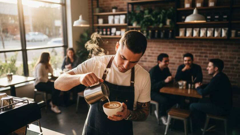 Dynamic wide shot of a local Burwood cafe owner passionately engaging with customers, bathed in warm, natural light, epitomising Burwood Victoria editorial photography for local businesses.