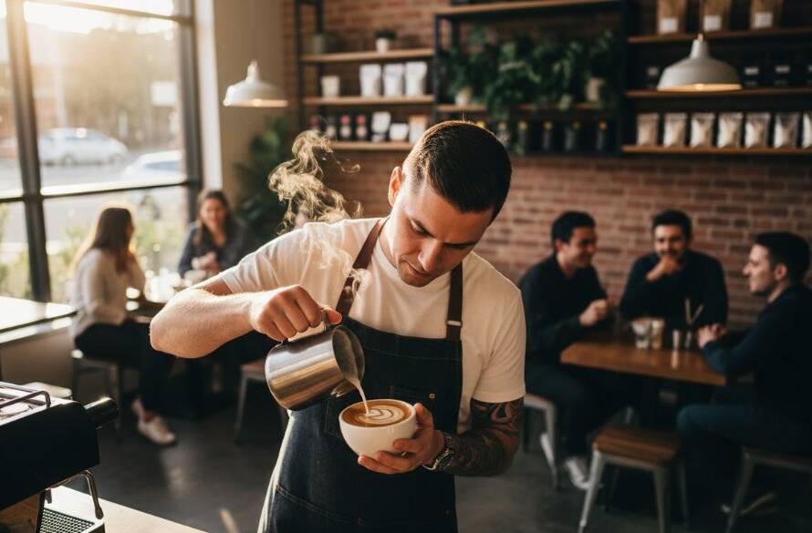 Dynamic wide shot of a local Burwood cafe owner passionately engaging with customers, bathed in warm, natural light, epitomising Burwood Victoria editorial photography for local businesses.