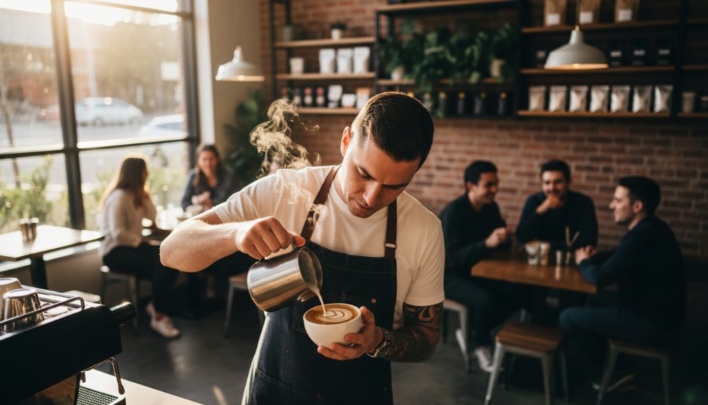 Dynamic wide shot of a local Burwood cafe owner passionately engaging with customers, bathed in warm, natural light, epitomising Burwood Victoria editorial photography for local businesses.