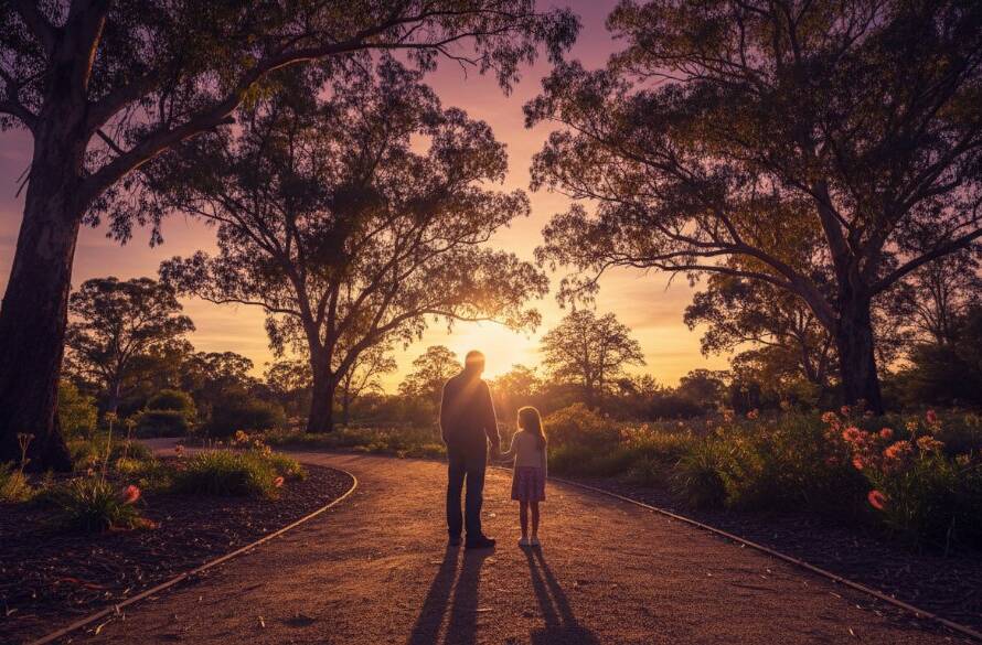 An ethereal and dramatic 'epic moment' photograph showcasing Burwood Victoria fine art photography emotional storytelling, featuring a silhouetted figure standing amidst the golden hour glow of a lush, historic garden in Burwood, Victoria, with light rays piercing through the trees, evoking profound emotion and timeless beauty.
