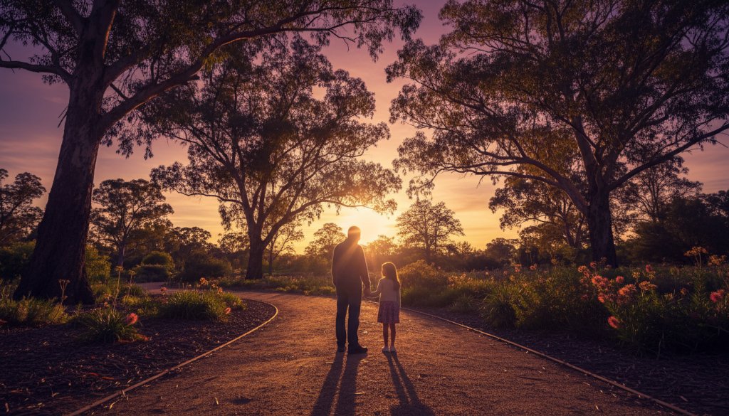 An ethereal and dramatic 'epic moment' photograph showcasing Burwood Victoria fine art photography emotional storytelling, featuring a silhouetted figure standing amidst the golden hour glow of a lush, historic garden in Burwood, Victoria, with light rays piercing through the trees, evoking profound emotion and timeless beauty.