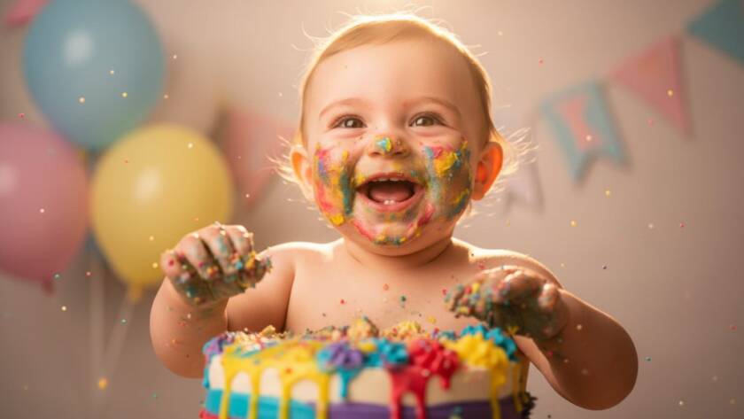 An adorable baby, covered in cake frosting, laughing joyfully during a dramatic and professionally lit Burwood Victoria first birthday cake smash photography session, capturing an epic moment of pure delight.