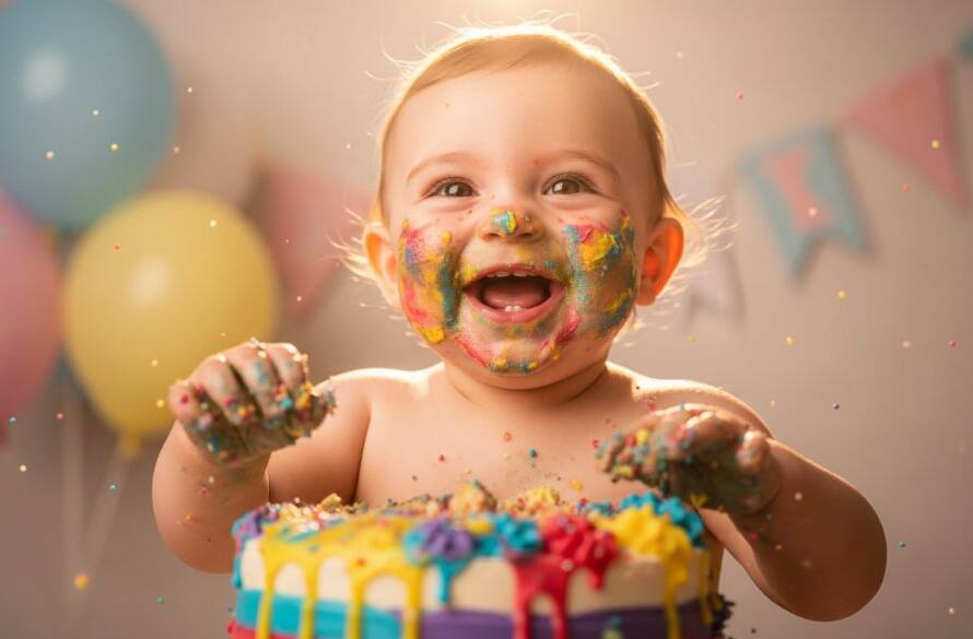 An adorable baby, covered in cake frosting, laughing joyfully during a dramatic and professionally lit Burwood Victoria first birthday cake smash photography session, capturing an epic moment of pure delight.